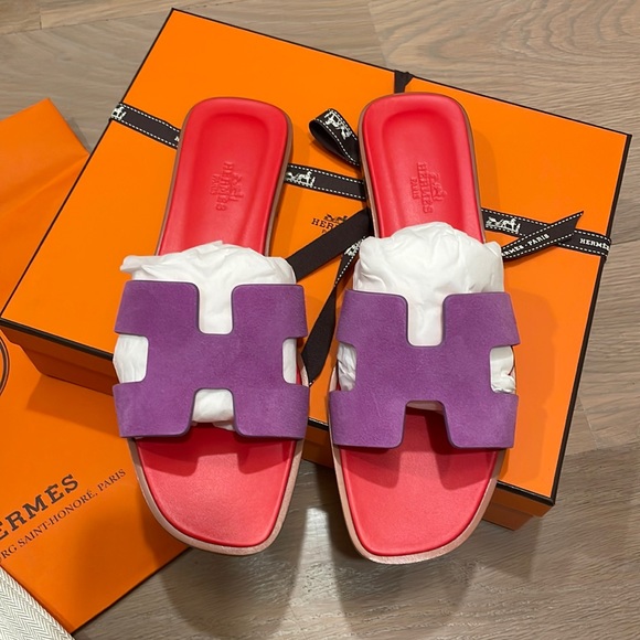 LBNIB AUTHENTIC HERMES Suede Purple & Hot Pink Orans SZ. 38.5 or 8.5 - Picture 5 of 14